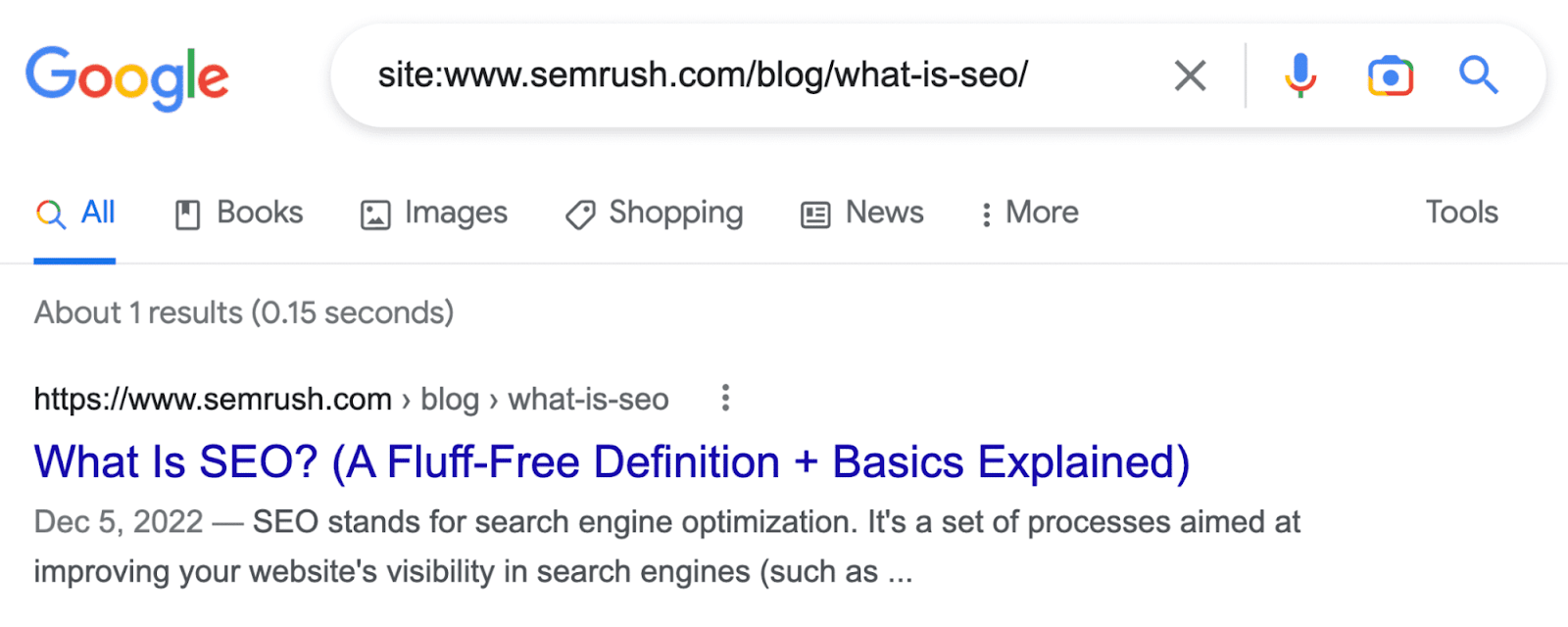 Google's result for “site:semrush.digibazar.io/blog/what-is-seo/”